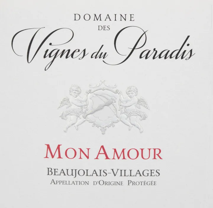 Étiquette Beaujolais-Villages « Mon Amour », Domaine des Vignes du Paradis, avec les anges
