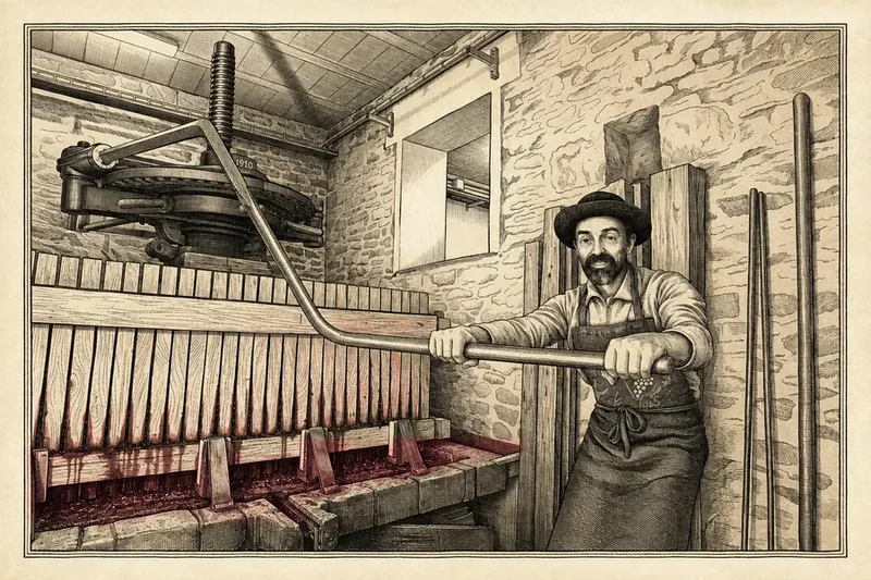 Gravure : un vigneron au chapeau actionne le levier du pressoir vertical de 1910, dans le chai en pierre du domaine